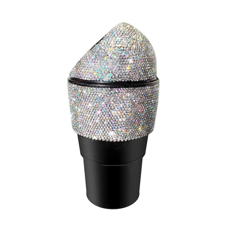 idain Bling Rhinestone Auto Garbage Can Car Trash Can with Lid Mini Garbage Bin for Automotive Car, Home, Office, Kitchen, Bedroom (White) - Image 3